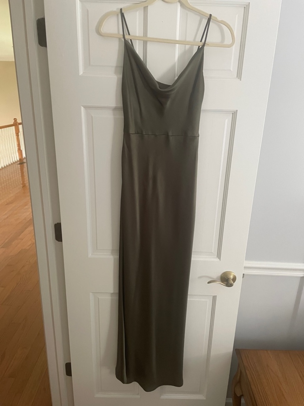 Jenny Yoo Olive Green Satin Cowl Neck Slip Dress